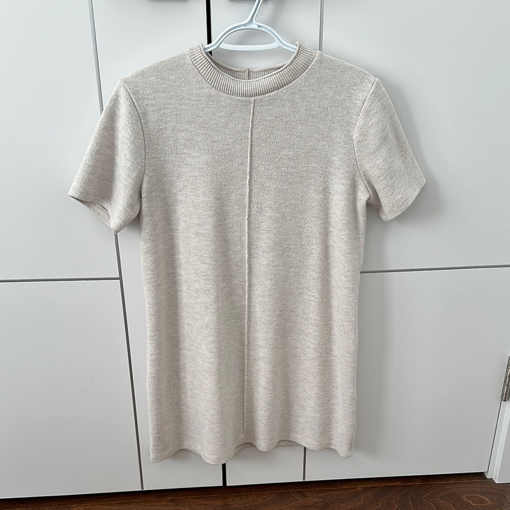 Zara Cream Fitted Ribbed Short Sleeve Dress